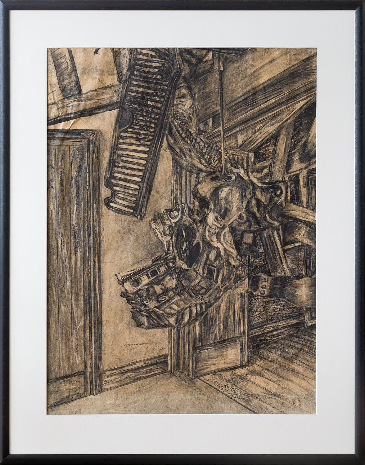 Untitled, (Car Part, Composition II), Still life comprised of old car parts, framed. Conte on paper, 1991, 10166 mm x 1270 mm x 50 mm